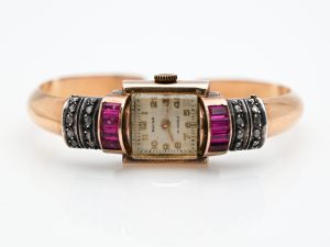 18k Art Deco Gold Watch Ruby Diamond Gold Ladies Cuff Bracelet and Watch Heirloom Jewelry Antique Luxury Dress Watch Gift for Her 1250euros scaled 1.jpg