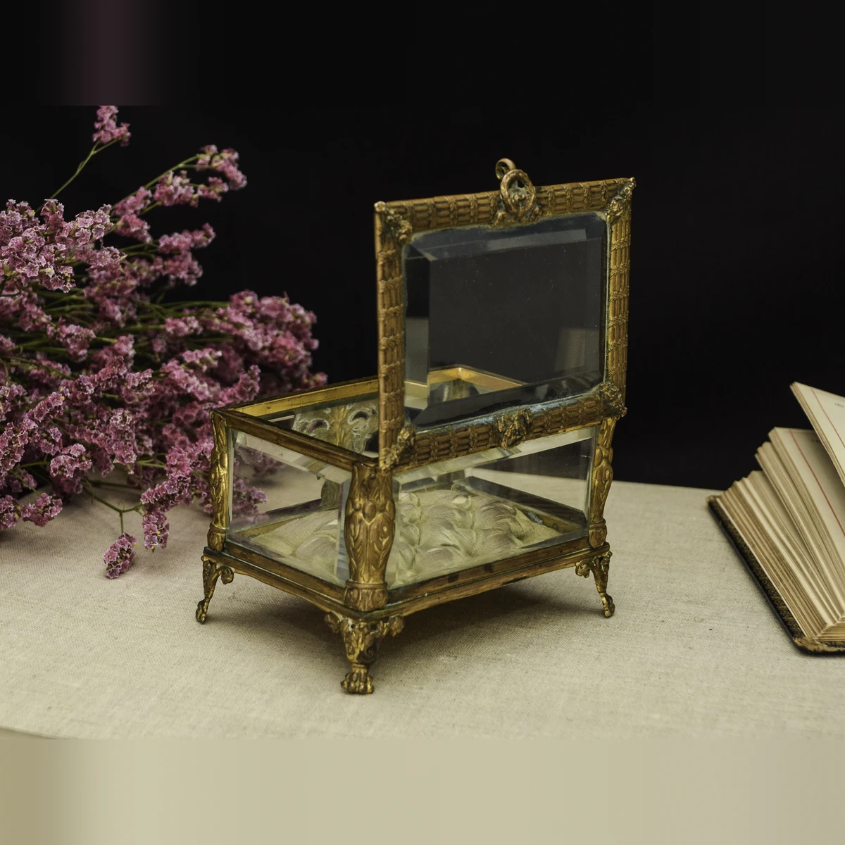 Γαλλικό κουτί κοσμημάτων με γυαλί και επιχρυσωμένο μπρούντζο, ανοιχτό