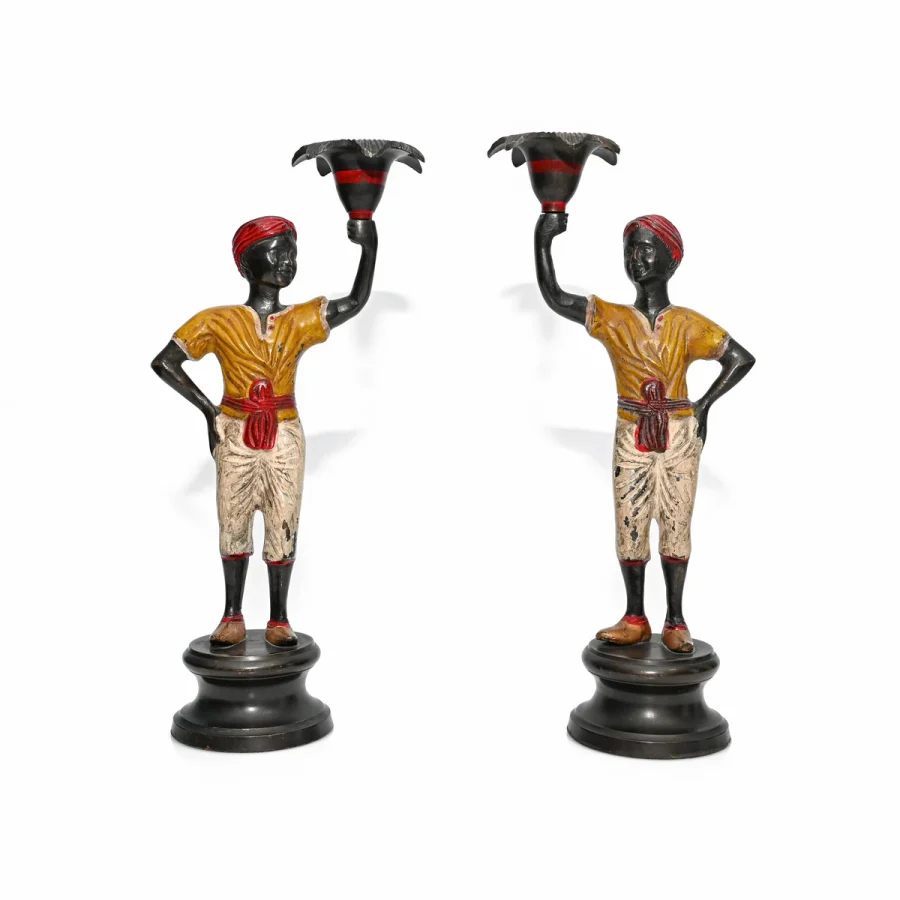 Ζεύγος αντίκα κηροπήγια Blackamoor από μπρούντζο, πρόσοψη